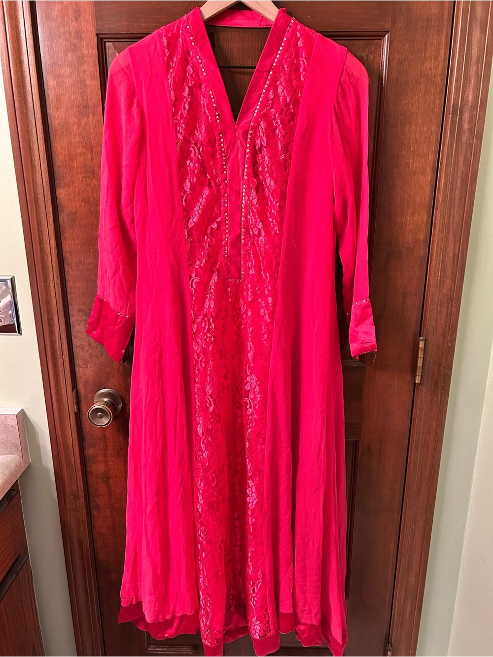 Vibrant Pink Women's Kurta with Lace Panel and gem details. No brand or size tag